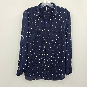 DNA Couture Blouse Womens Large Navy Blue Heart Print Roll Tab Sleeve Button